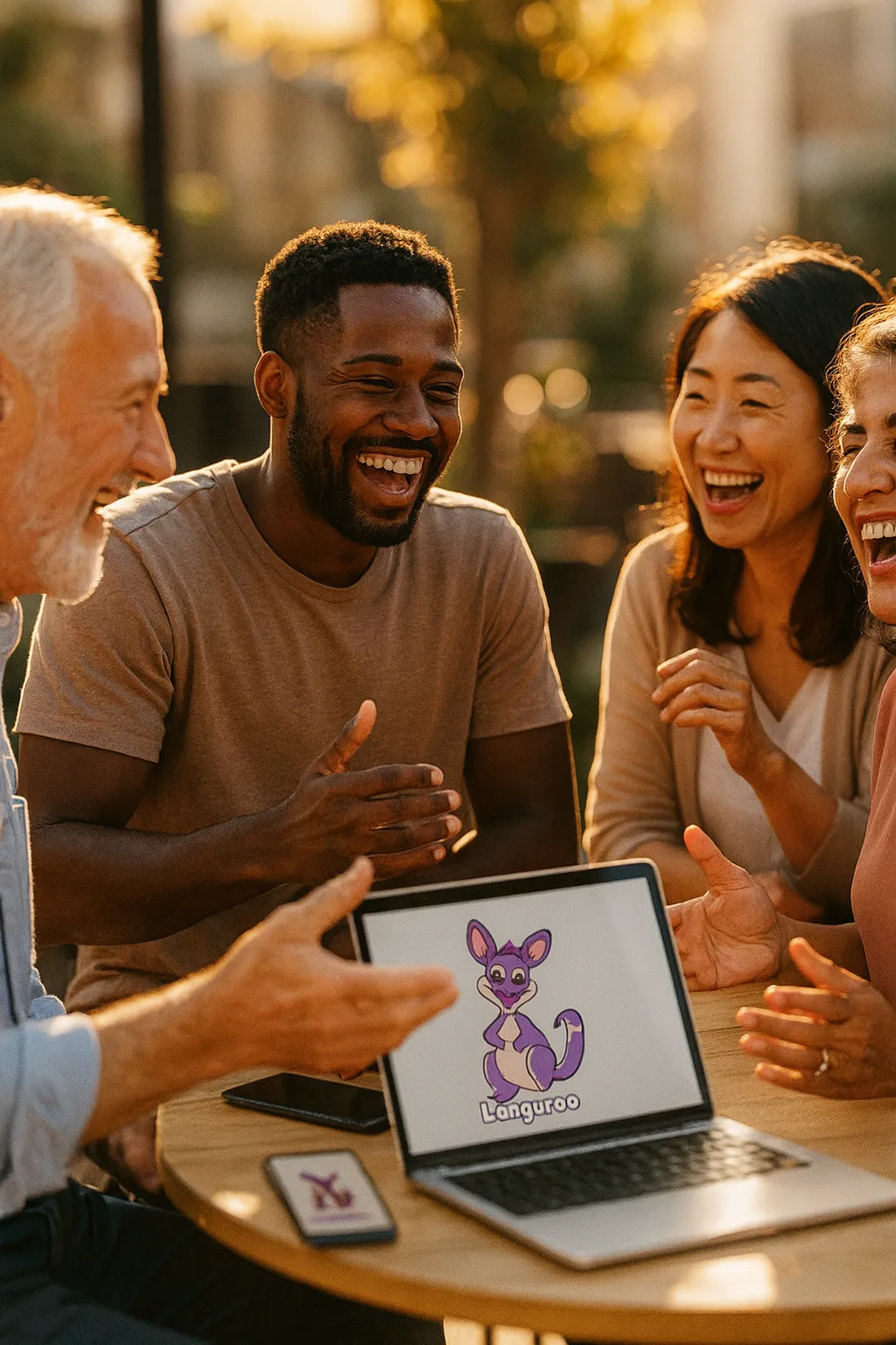 Diverse group laughing during Spanish conversation practice