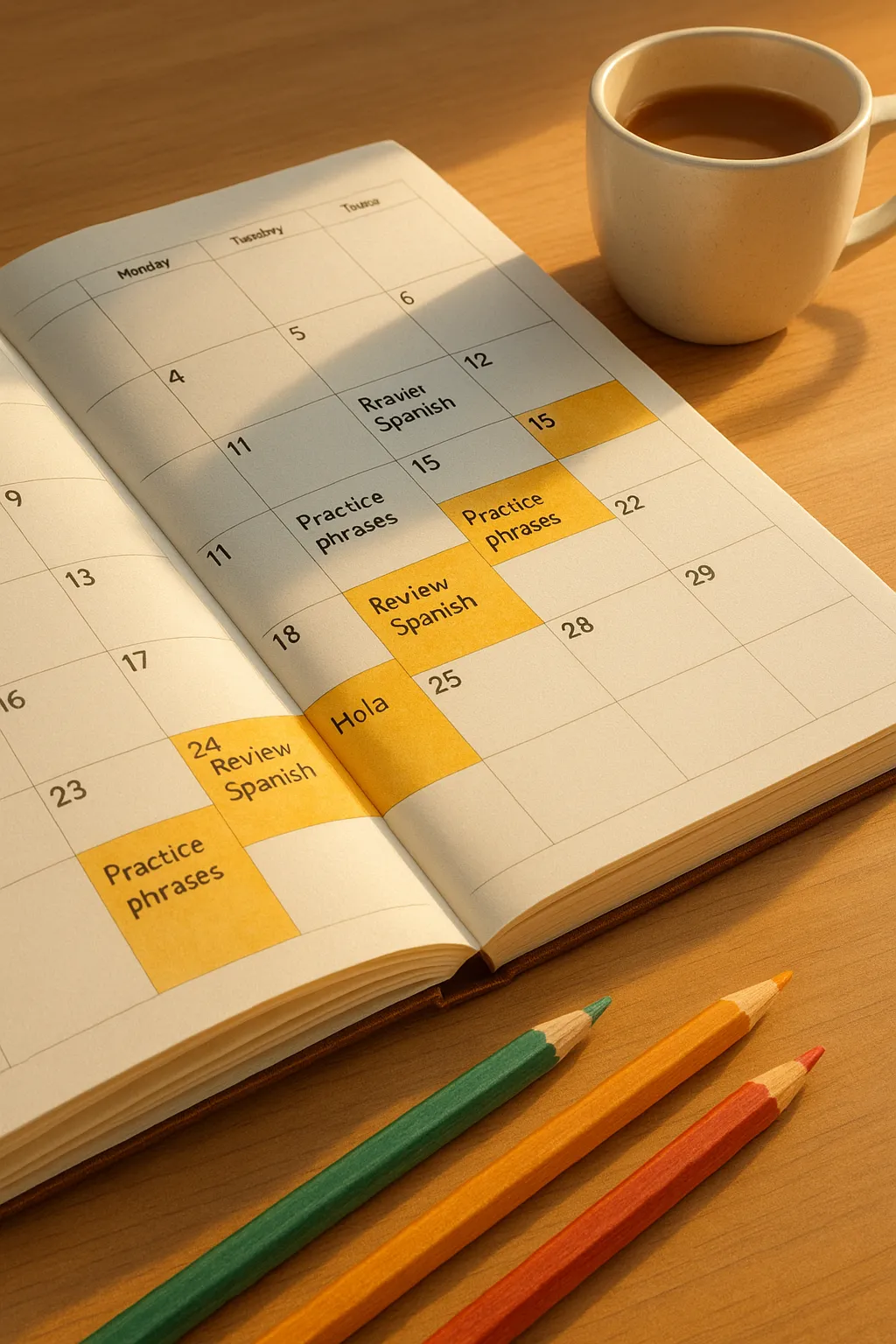 Calendar highlighting review days for language practice
